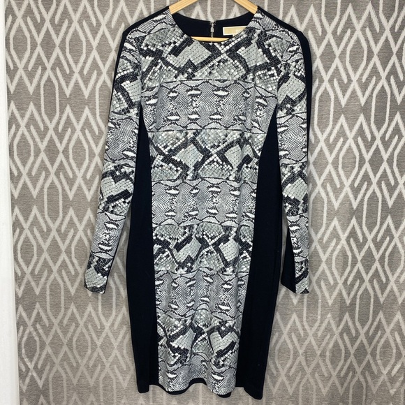 MICHAEL Michael Kors Long Sleeve Shift Snakeskin Print Dress Size:12 Black Gray - Picture 1 of 5